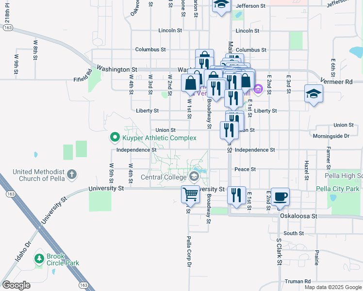 map of restaurants, bars, coffee shops, grocery stores, and more near 900 Independence Street in Pella
