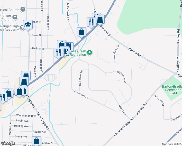 map of restaurants, bars, coffee shops, grocery stores, and more near 5725 Mills Creek Lane in North Ridgeville
