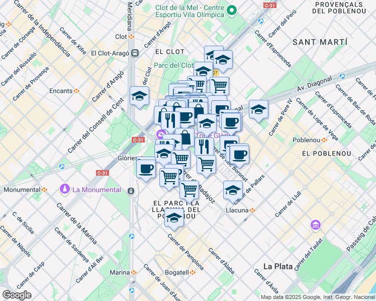 map of restaurants, bars, coffee shops, grocery stores, and more near 141 Carrer de la Ciutat de Granada in Barcelona
