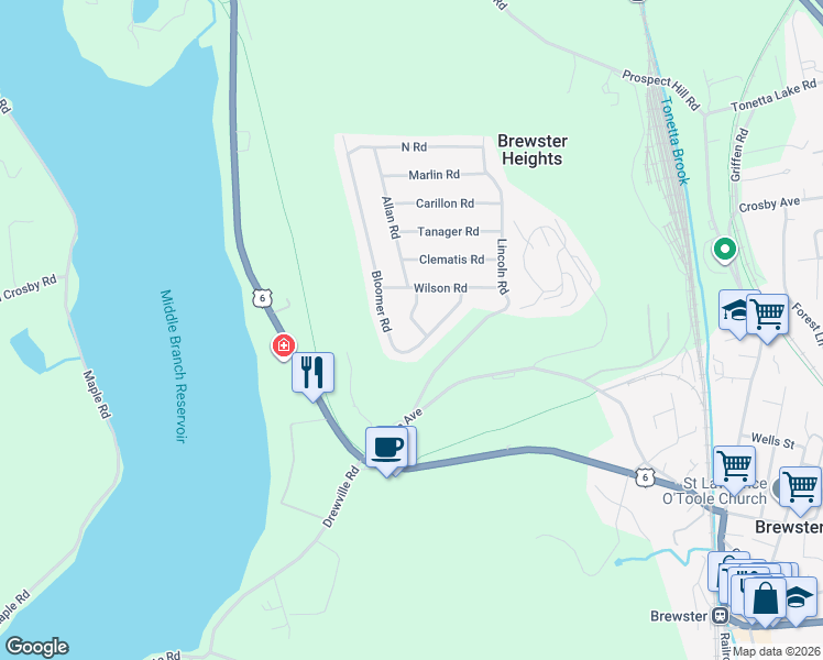 map of restaurants, bars, coffee shops, grocery stores, and more near 3 Nancy Road in Brewster