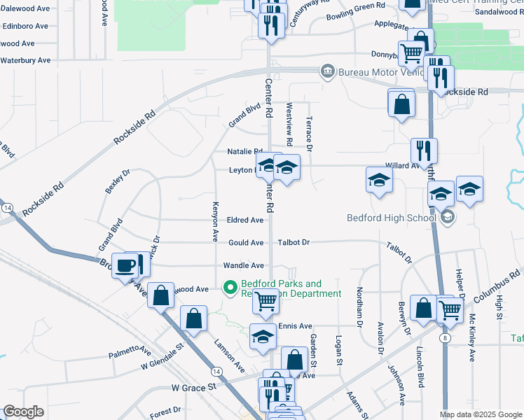 map of restaurants, bars, coffee shops, grocery stores, and more near 321 Center Road in Bedford