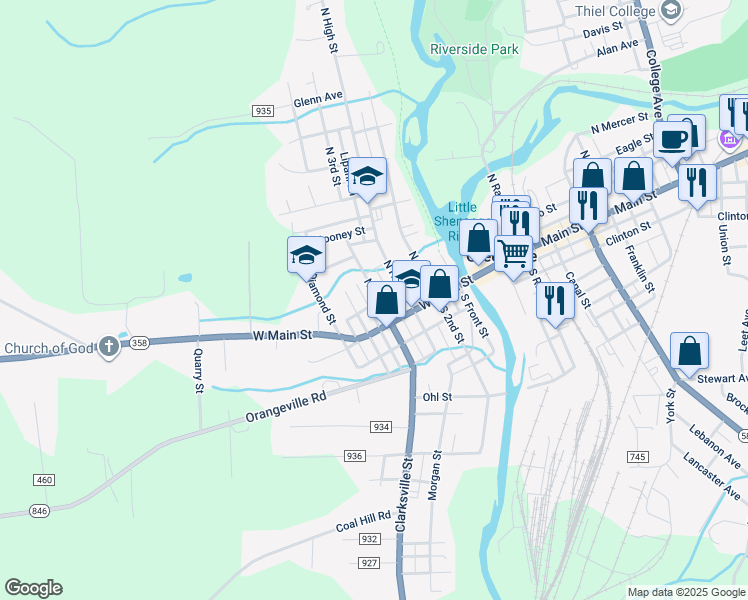 map of restaurants, bars, coffee shops, grocery stores, and more near 16 North 3rd Street in Greenville