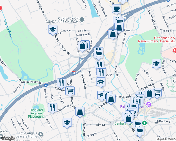 map of restaurants, bars, coffee shops, grocery stores, and more near 26 Smith Street in Danbury