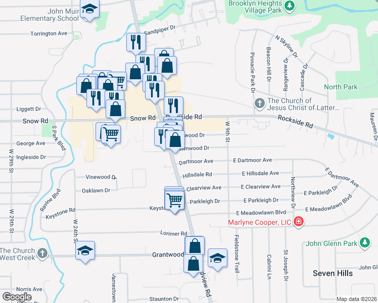 map of restaurants, bars, coffee shops, grocery stores, and more near 1315 Dawnwood Drive in Parma