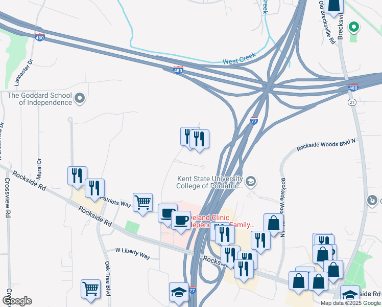 map of restaurants, bars, coffee shops, grocery stores, and more near 5051 West Creek Road in Independence