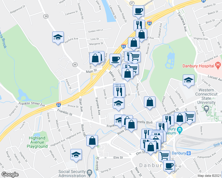 map of restaurants, bars, coffee shops, grocery stores, and more near 406 Main Street in Danbury