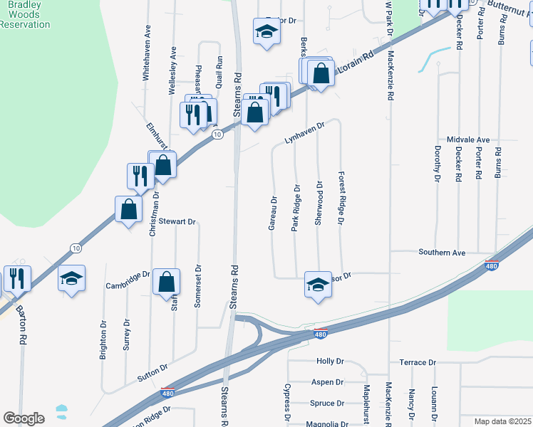 map of restaurants, bars, coffee shops, grocery stores, and more near 6002 Gareau Drive in North Olmsted