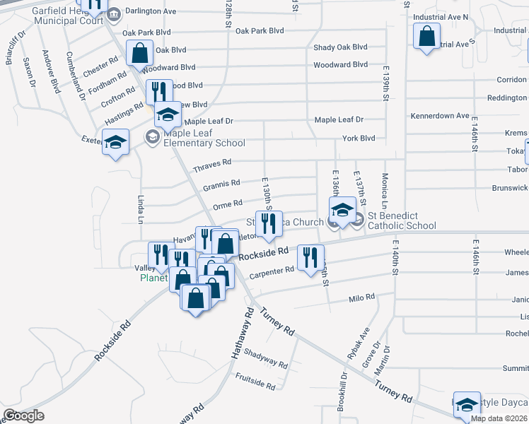 map of restaurants, bars, coffee shops, grocery stores, and more near 12925 Havana Road in Garfield Heights