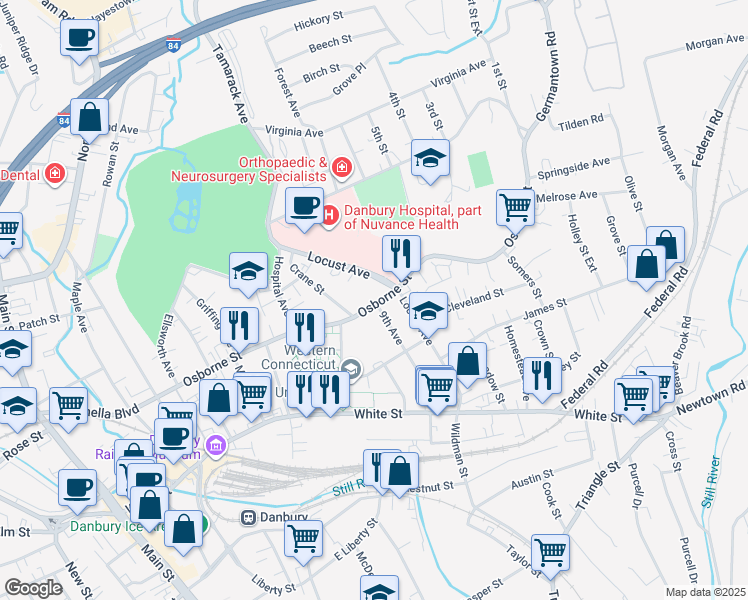 map of restaurants, bars, coffee shops, grocery stores, and more near 100 Osborne Street in Danbury
