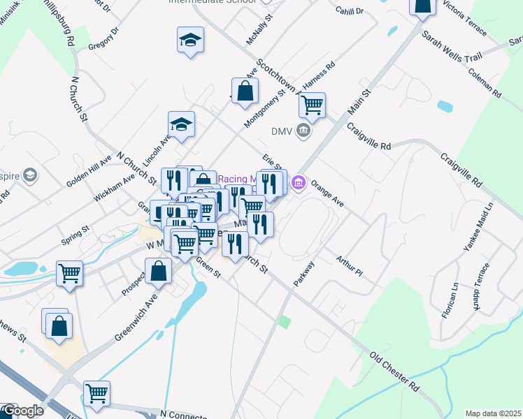 map of restaurants, bars, coffee shops, grocery stores, and more near 168 Main Street in Goshen