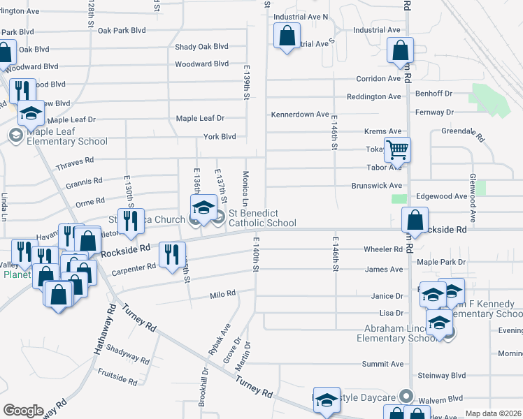 map of restaurants, bars, coffee shops, grocery stores, and more near 6003 Monica Lane in Garfield Heights