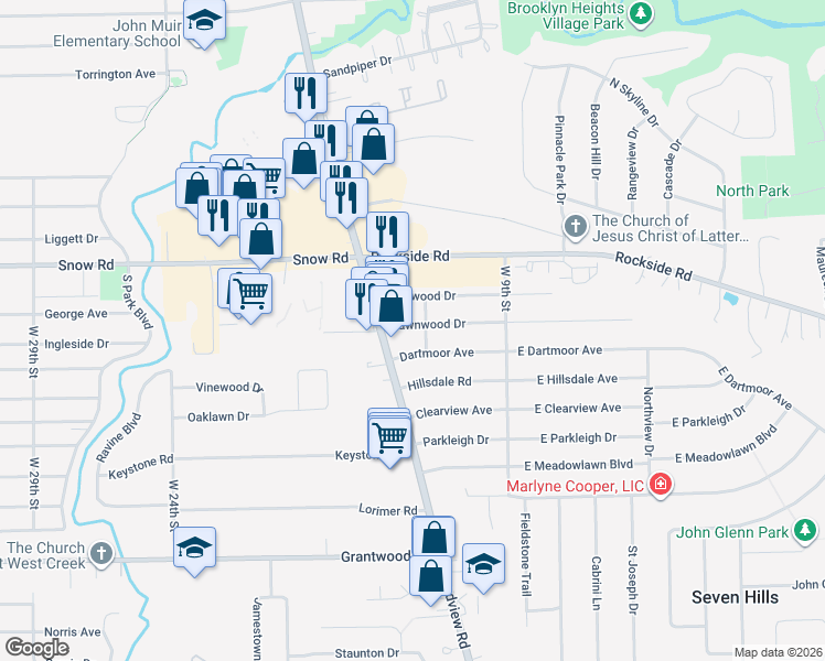 map of restaurants, bars, coffee shops, grocery stores, and more near 1315 Dawnwood Drive in Parma