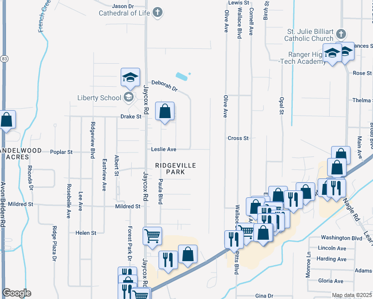 map of restaurants, bars, coffee shops, grocery stores, and more near 34779 Leslie Avenue in North Ridgeville