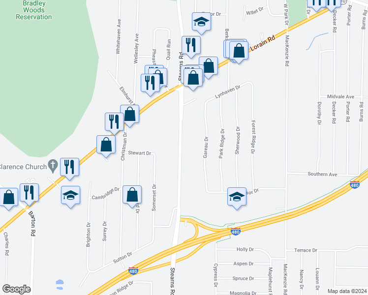 map of restaurants, bars, coffee shops, grocery stores, and more near 6003 Stearns Road in North Olmsted