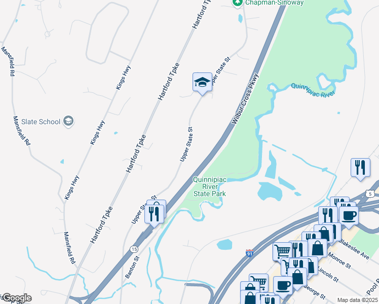 map of restaurants, bars, coffee shops, grocery stores, and more near 100 Upper State Street in North Haven