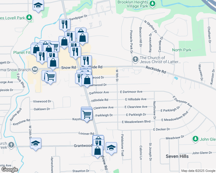 map of restaurants, bars, coffee shops, grocery stores, and more near 1103 Dawnwood Drive in Parma