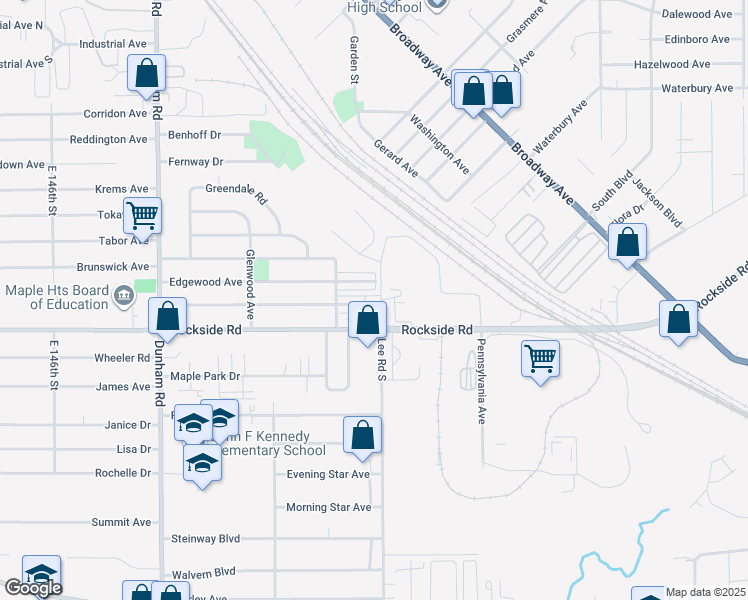 map of restaurants, bars, coffee shops, grocery stores, and more near 5790 Lee Road South in Maple Heights
