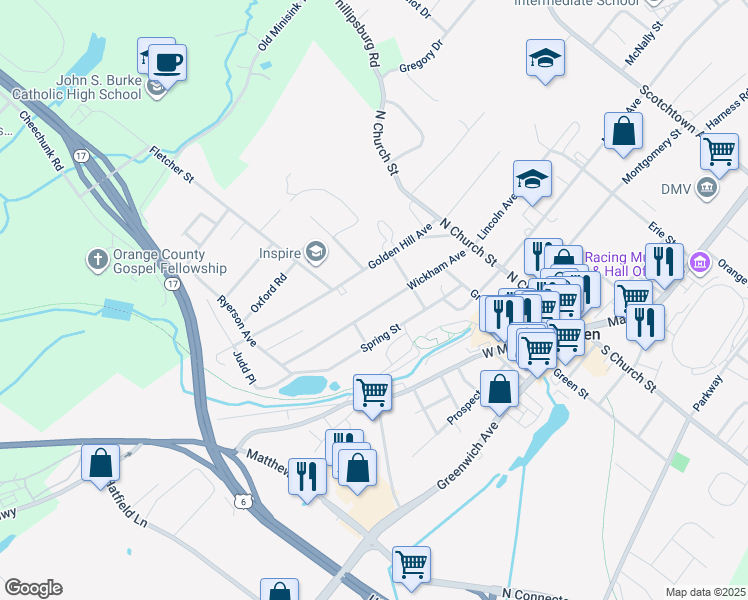 map of restaurants, bars, coffee shops, grocery stores, and more near 50 Wickham Avenue in Goshen
