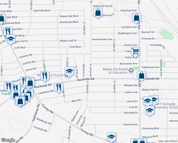 map of restaurants, bars, coffee shops, grocery stores, and more near 6003 Monica Lane in Garfield Heights