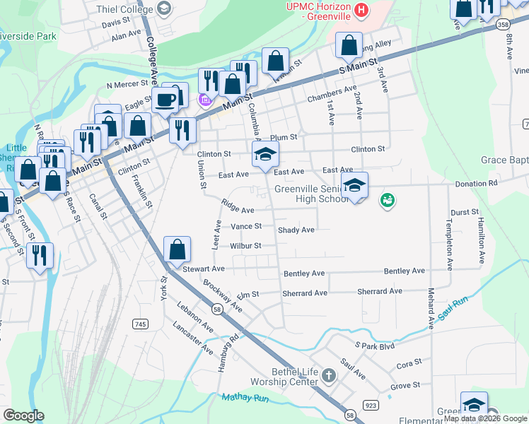 map of restaurants, bars, coffee shops, grocery stores, and more near 2 Ridge Avenue in Greenville