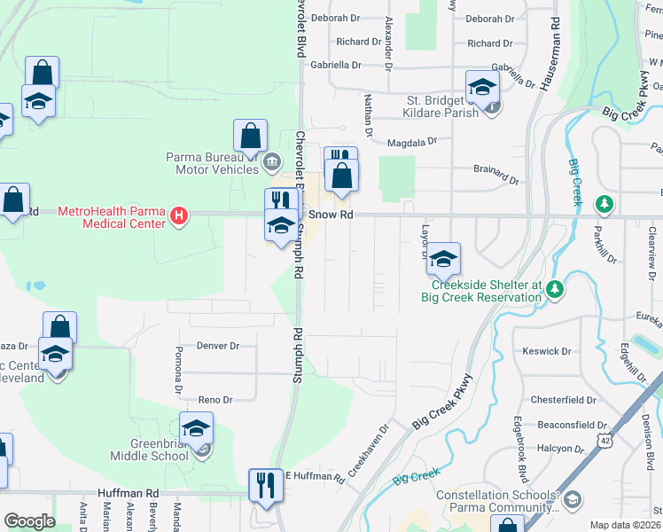 map of restaurants, bars, coffee shops, grocery stores, and more near 5882 Doxmere Drive in Parma Heights