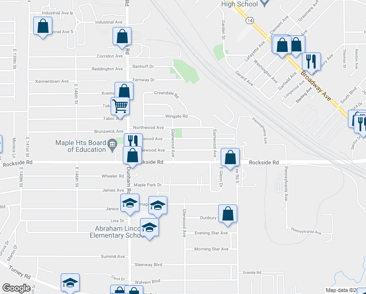 map of restaurants, bars, coffee shops, grocery stores, and more near 15807 Maplewood Avenue in Maple Heights