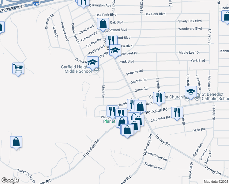 map of restaurants, bars, coffee shops, grocery stores, and more near 12303 Orme Road in Garfield Heights