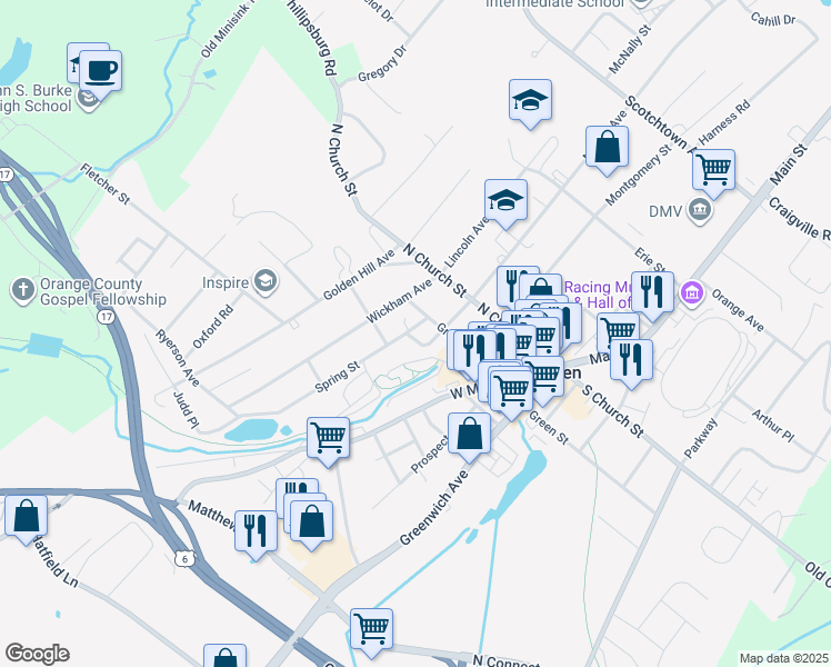 map of restaurants, bars, coffee shops, grocery stores, and more near 15 Spring Street in Goshen