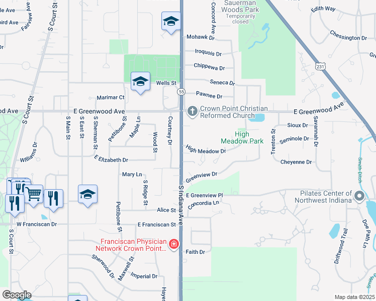 map of restaurants, bars, coffee shops, grocery stores, and more near 915 High Meadow Drive in Crown Point