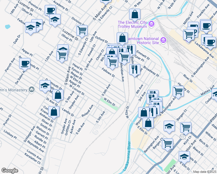 map of restaurants, bars, coffee shops, grocery stores, and more near 598 Hand Pl in Scranton