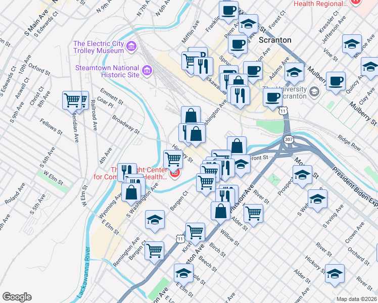 map of restaurants, bars, coffee shops, grocery stores, and more near 501-599 S Washington Ave in Scranton