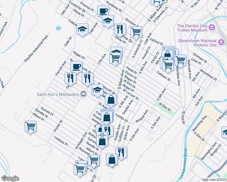 map of restaurants, bars, coffee shops, grocery stores, and more near 922 South Main Avenue in Scranton