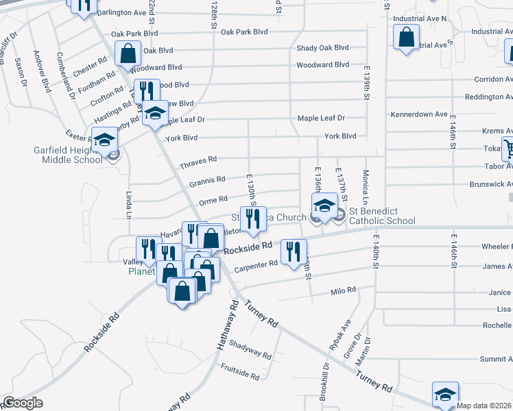 map of restaurants, bars, coffee shops, grocery stores, and more near 12925 Havana Road in Garfield Heights