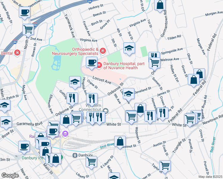 map of restaurants, bars, coffee shops, grocery stores, and more near 99 Osborne Street in Danbury