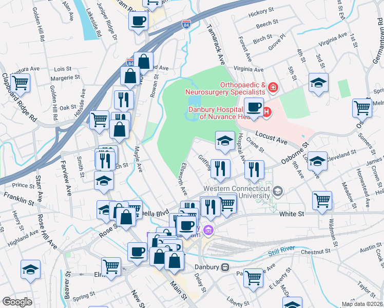 map of restaurants, bars, coffee shops, grocery stores, and more near 27 Ellsworth Avenue in Danbury