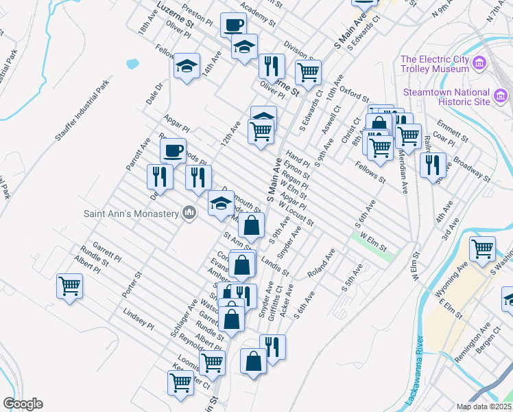 map of restaurants, bars, coffee shops, grocery stores, and more near 922 South Main Avenue in Scranton