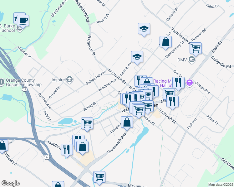 map of restaurants, bars, coffee shops, grocery stores, and more near 15 Spring Street in Goshen