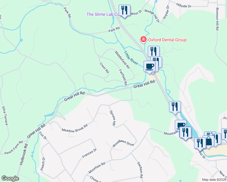 map of restaurants, bars, coffee shops, grocery stores, and more near 51 Great Hill Road in Oxford