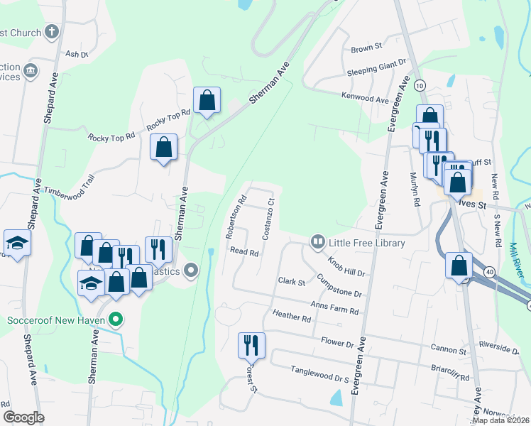 map of restaurants, bars, coffee shops, grocery stores, and more near 41 Costanzo Court in Hamden