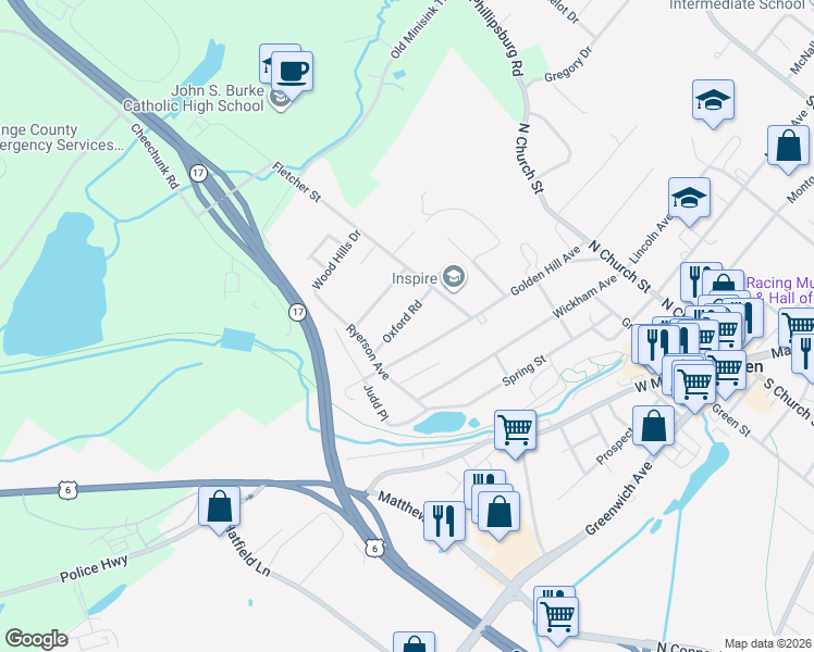 map of restaurants, bars, coffee shops, grocery stores, and more near 11 Oxford Road in Goshen