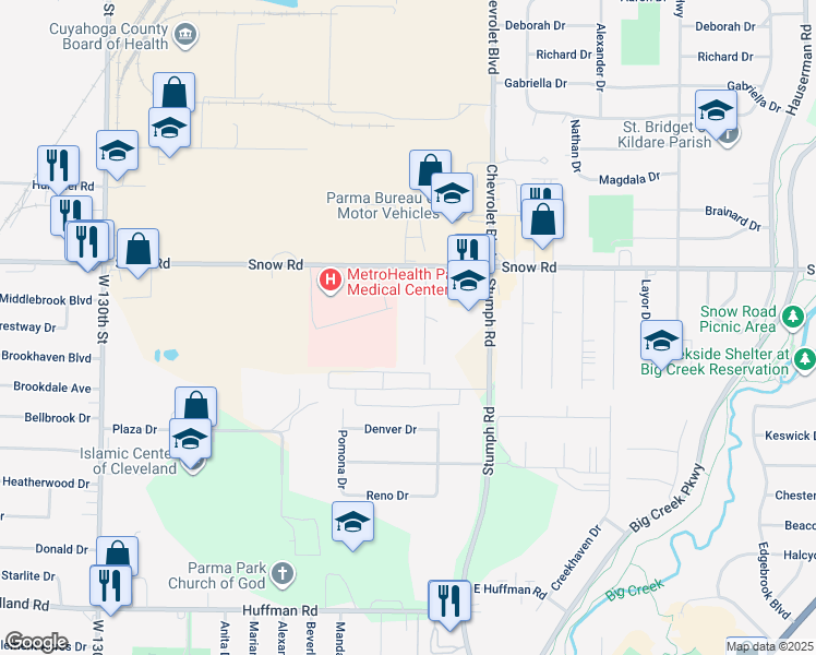 map of restaurants, bars, coffee shops, grocery stores, and more near 5880 Woolman Court in Parma