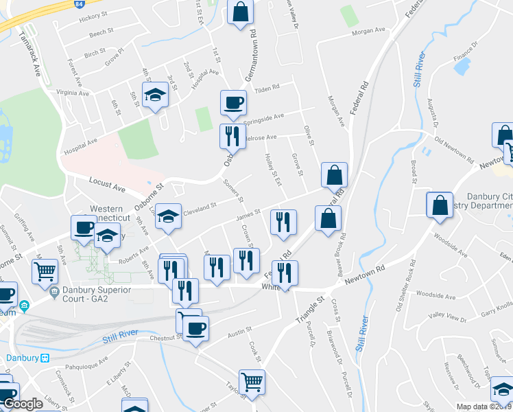 map of restaurants, bars, coffee shops, grocery stores, and more near 55 James Street in Danbury