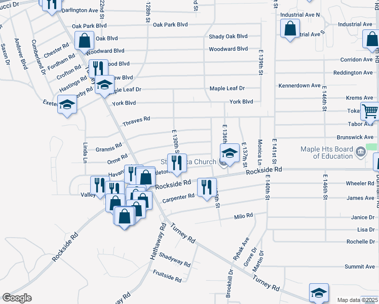 map of restaurants, bars, coffee shops, grocery stores, and more near 13205 Havana Road in Garfield Heights