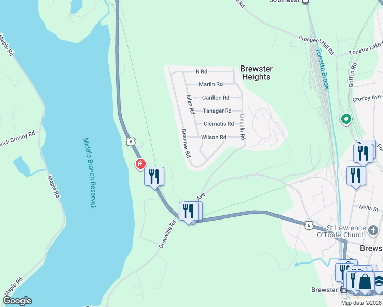 map of restaurants, bars, coffee shops, grocery stores, and more near 3 Nancy Road in Brewster