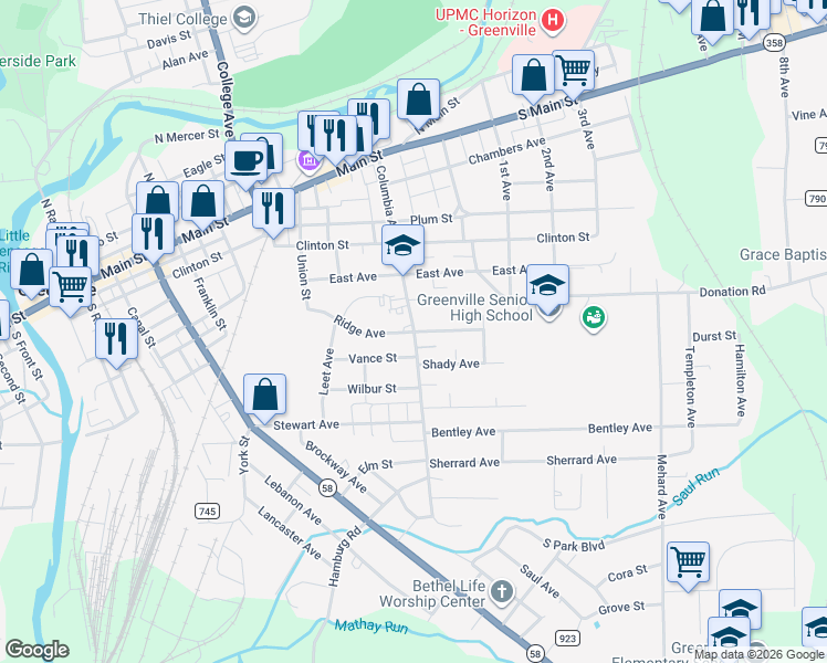 map of restaurants, bars, coffee shops, grocery stores, and more near 2 Ridge Avenue in Greenville