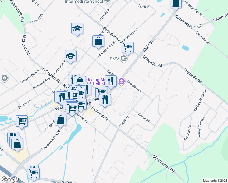 map of restaurants, bars, coffee shops, grocery stores, and more near 168 Main Street in Goshen