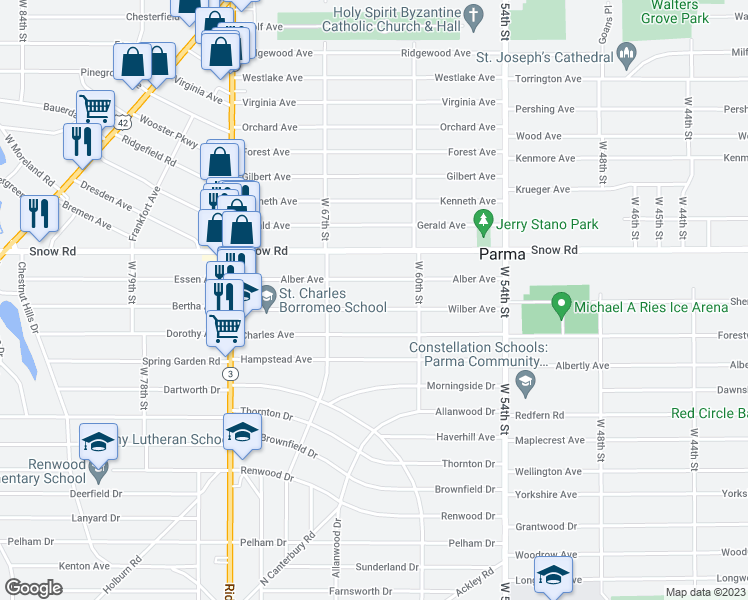 map of restaurants, bars, coffee shops, grocery stores, and more near 6409 Wilber Avenue in Parma