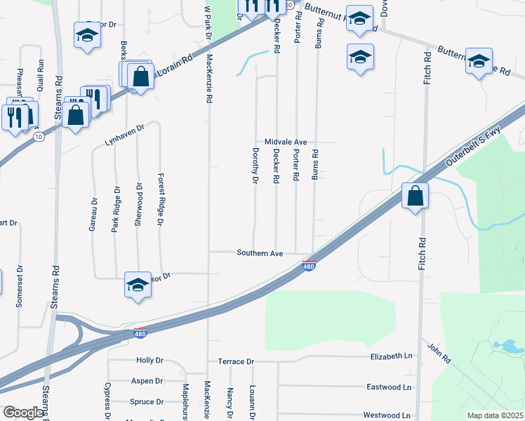 map of restaurants, bars, coffee shops, grocery stores, and more near 5990 Dorothy Drive in North Olmsted