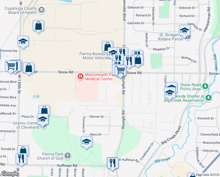 map of restaurants, bars, coffee shops, grocery stores, and more near 37 Snow Road in Parma