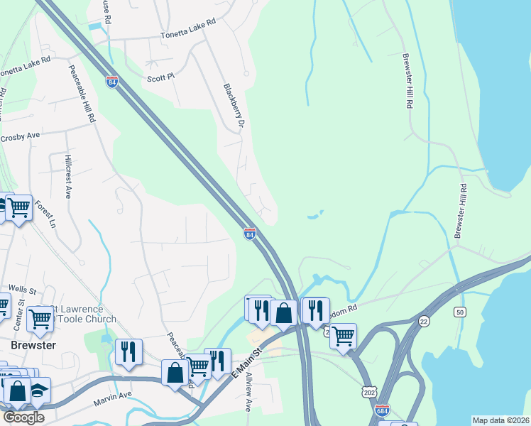map of restaurants, bars, coffee shops, grocery stores, and more near 3202 Village Drive in Brewster